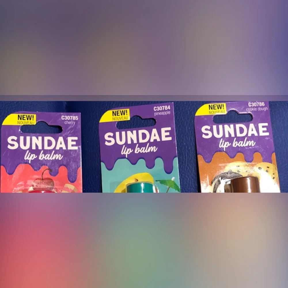 3pack yummy sundae flavored lip balms in cherry pineapple & cookie dough +1 free